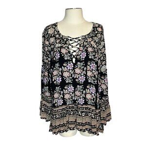 American Eagle black floral print boho loose fit blouse size L